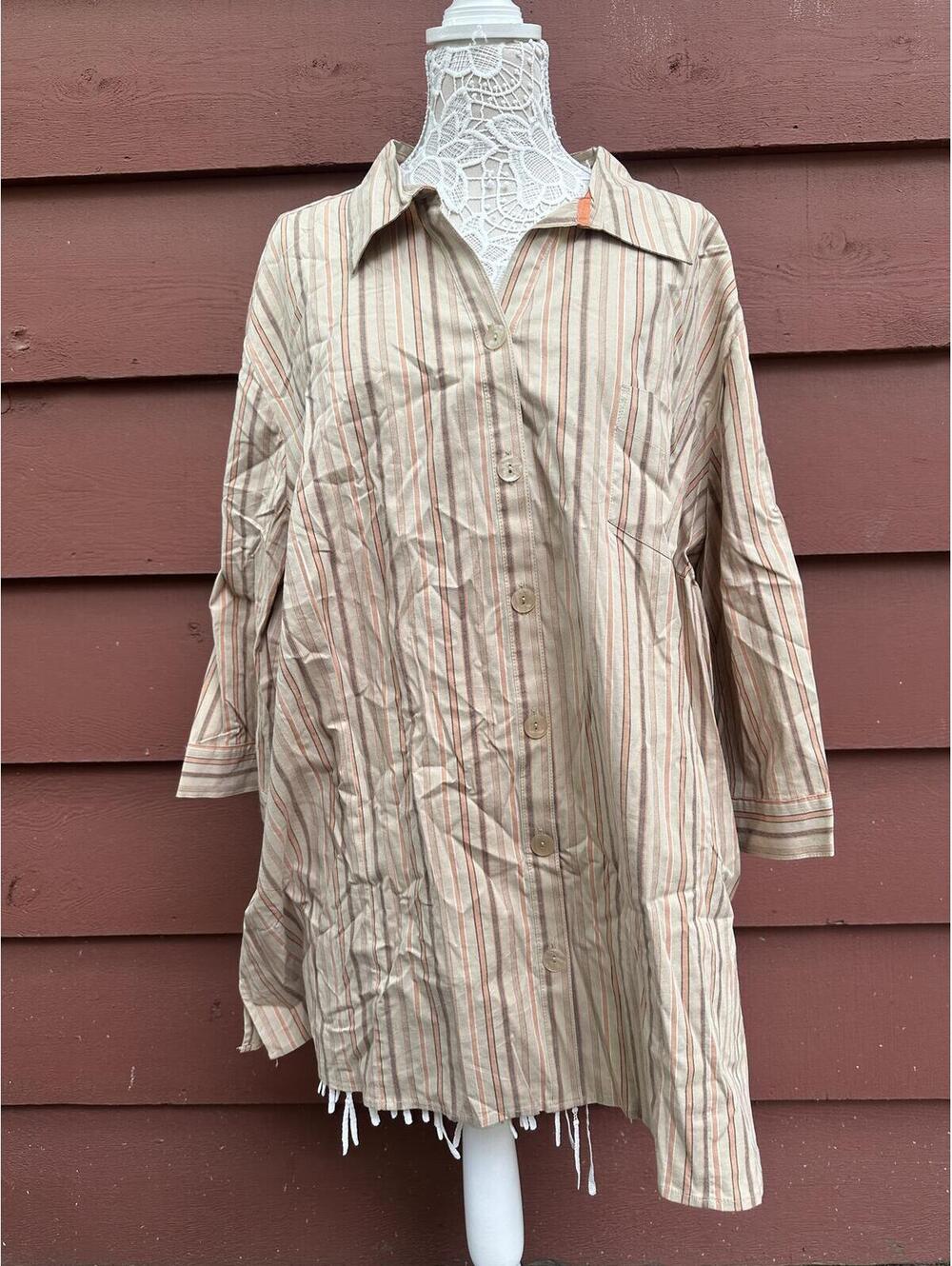 Liz&Me Striped Button Front Shirt Blouse Beige Brown Relaxed Fit